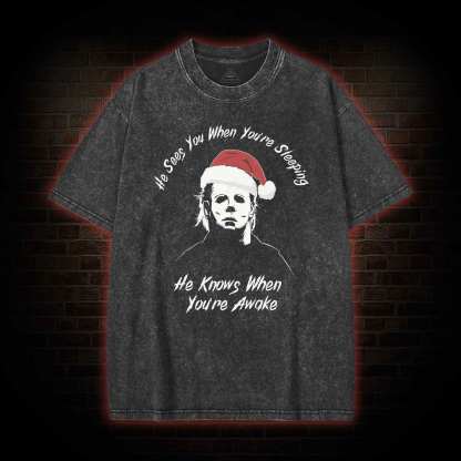 He Sees You When You're Sheeping Washed T-shirt