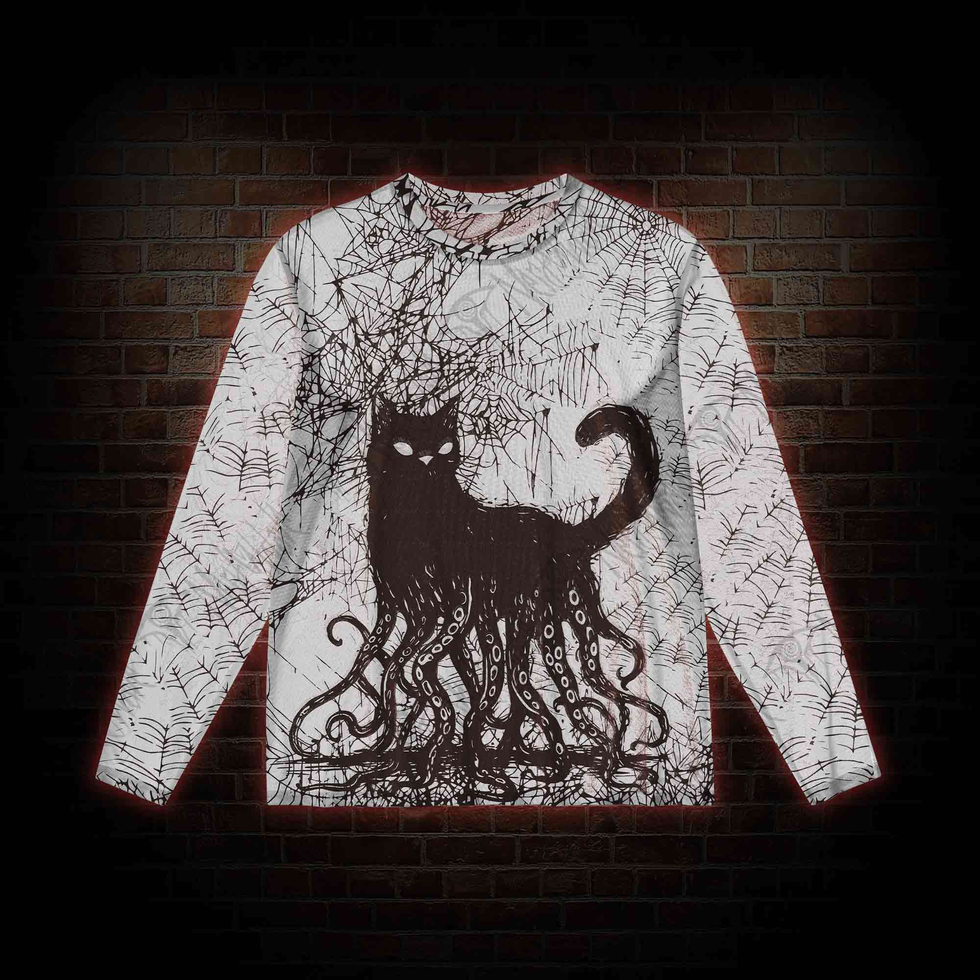 Octopus And Black Cat Mesh Long Sleeve Top