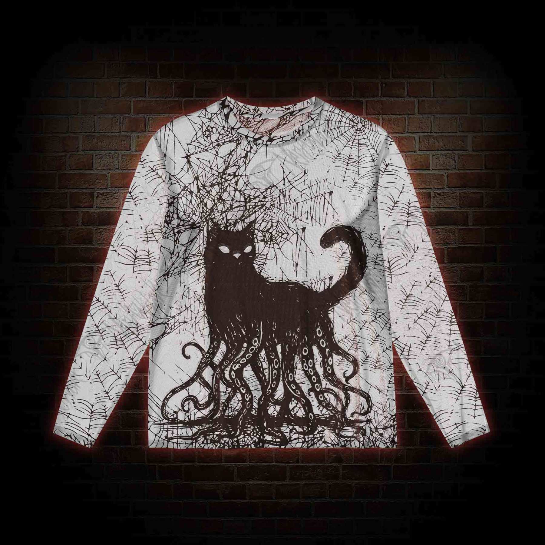 Octopus And Black Cat Mesh Long Sleeve Top