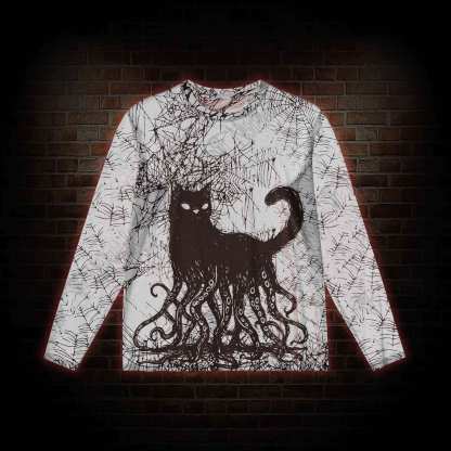 Octopus And Black Cat Mesh Long Sleeve Top