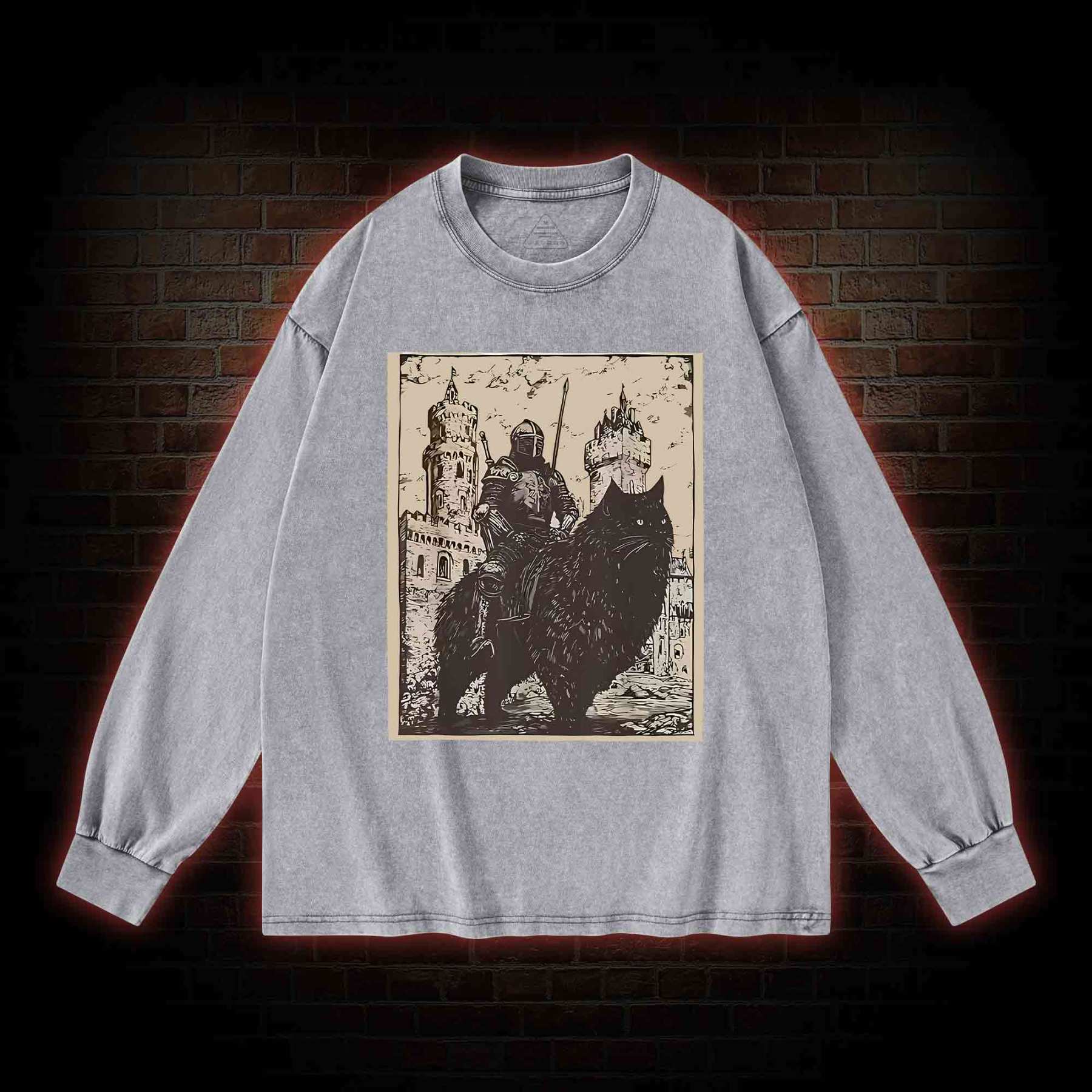 Knight Cat Rider Vintage Washed Long-Sleeve T-shirt