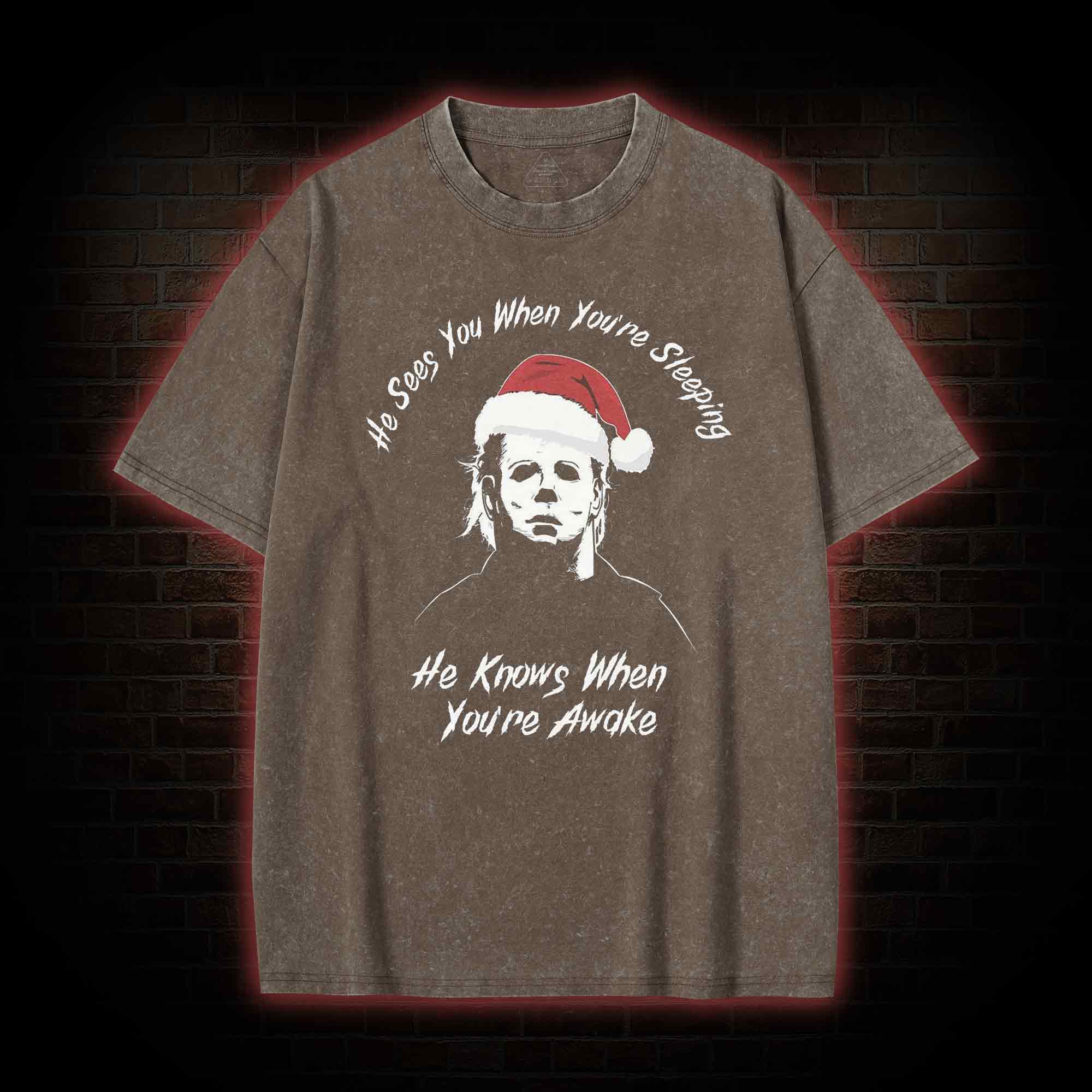 He Sees You When You're Sheeping Washed T-shirt