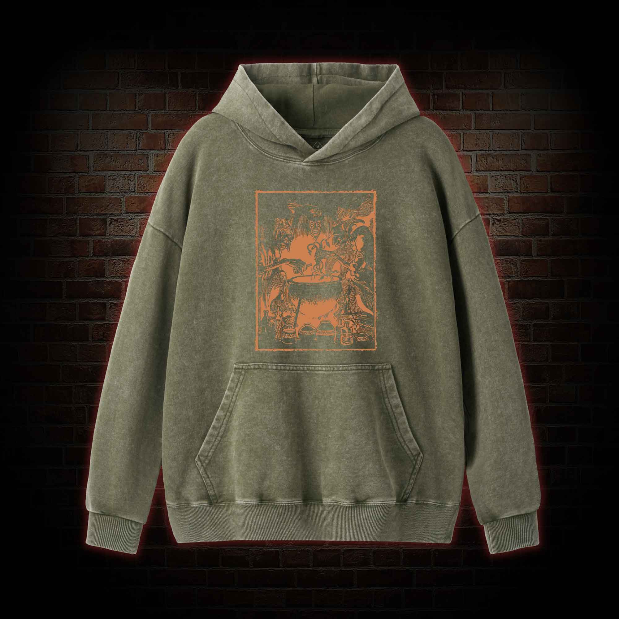 Three Witches Around Cauldron Washed Hoodie