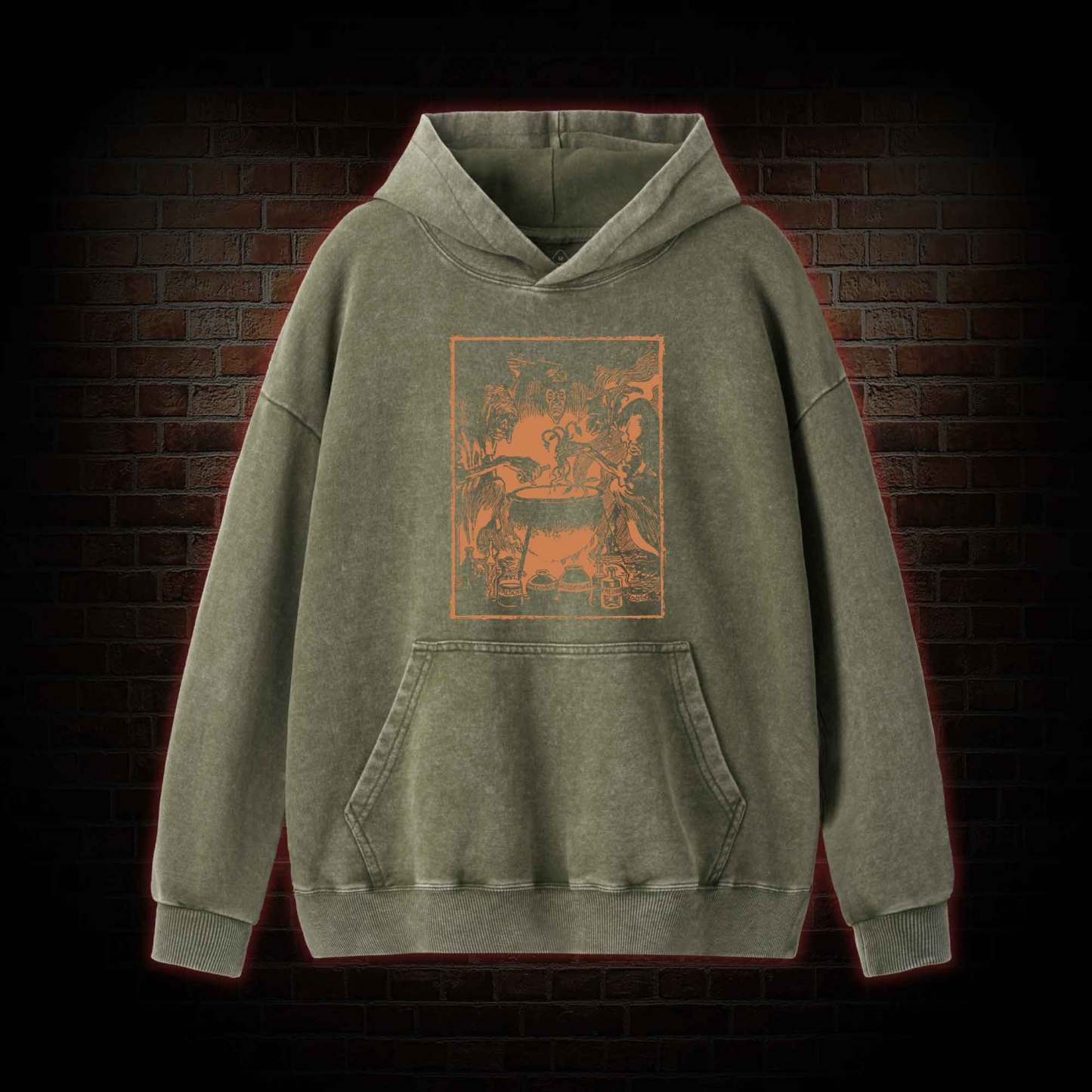 Three Witches Around Cauldron Washed Hoodie