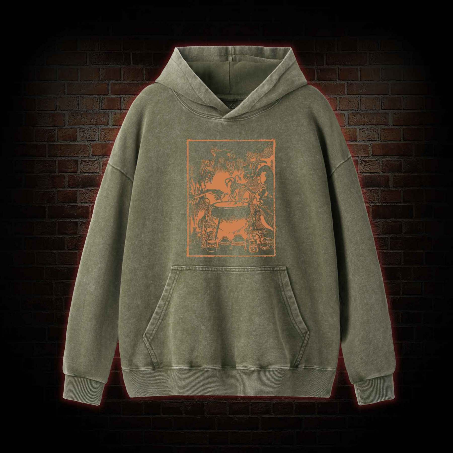 Three Witches Around Cauldron Washed Hoodie
