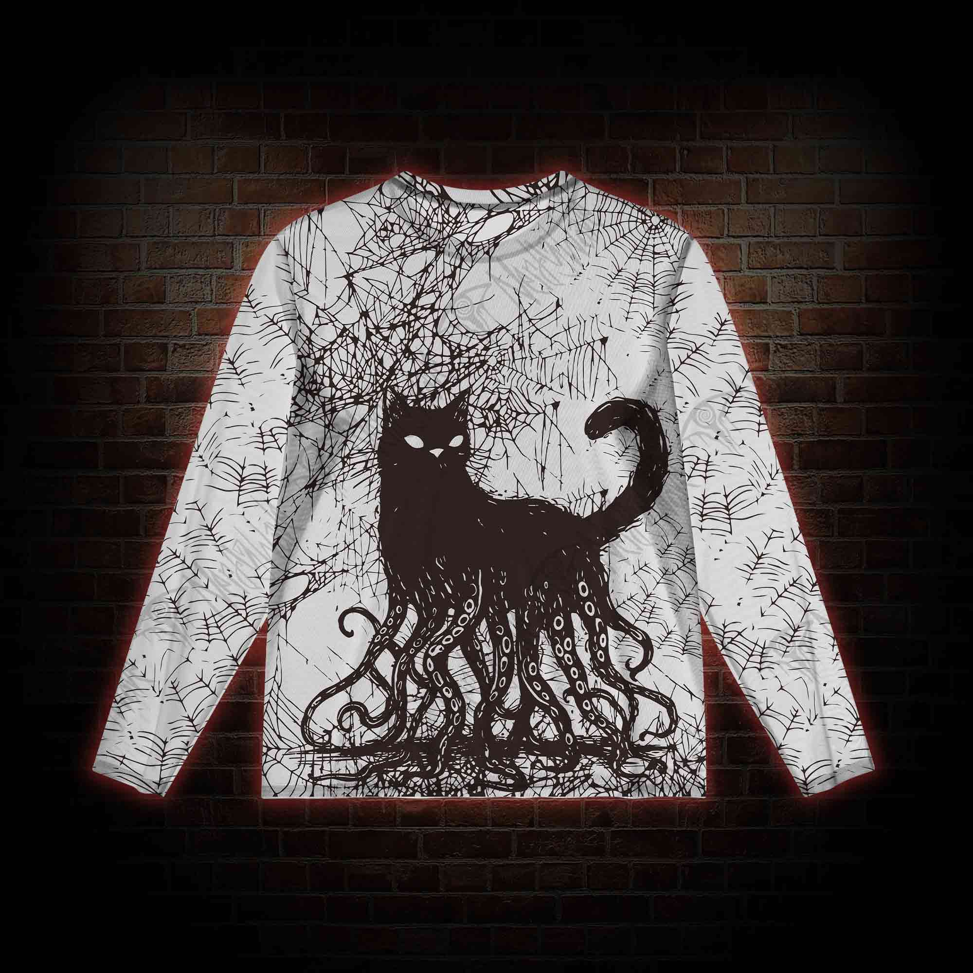 Octopus And Black Cat Mesh Long Sleeve Top