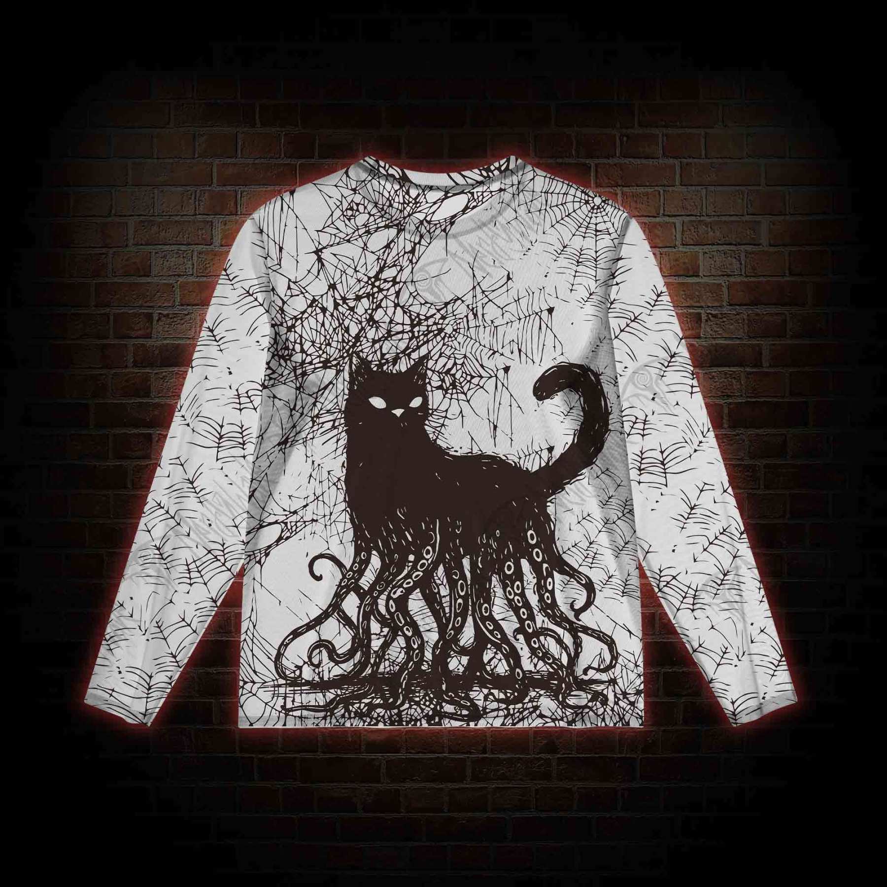 Octopus And Black Cat Mesh Long Sleeve Top