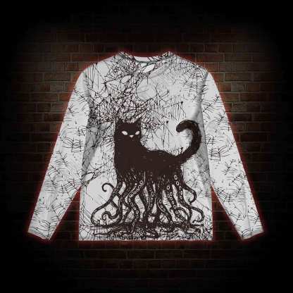 Octopus And Black Cat Mesh Long Sleeve Top