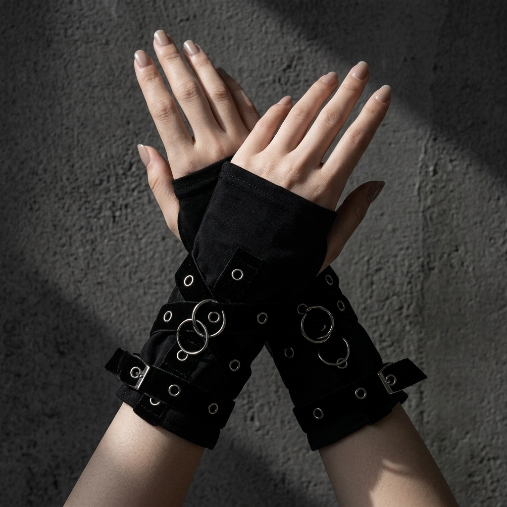 Metal Ring Strappy Fingerless Gloves