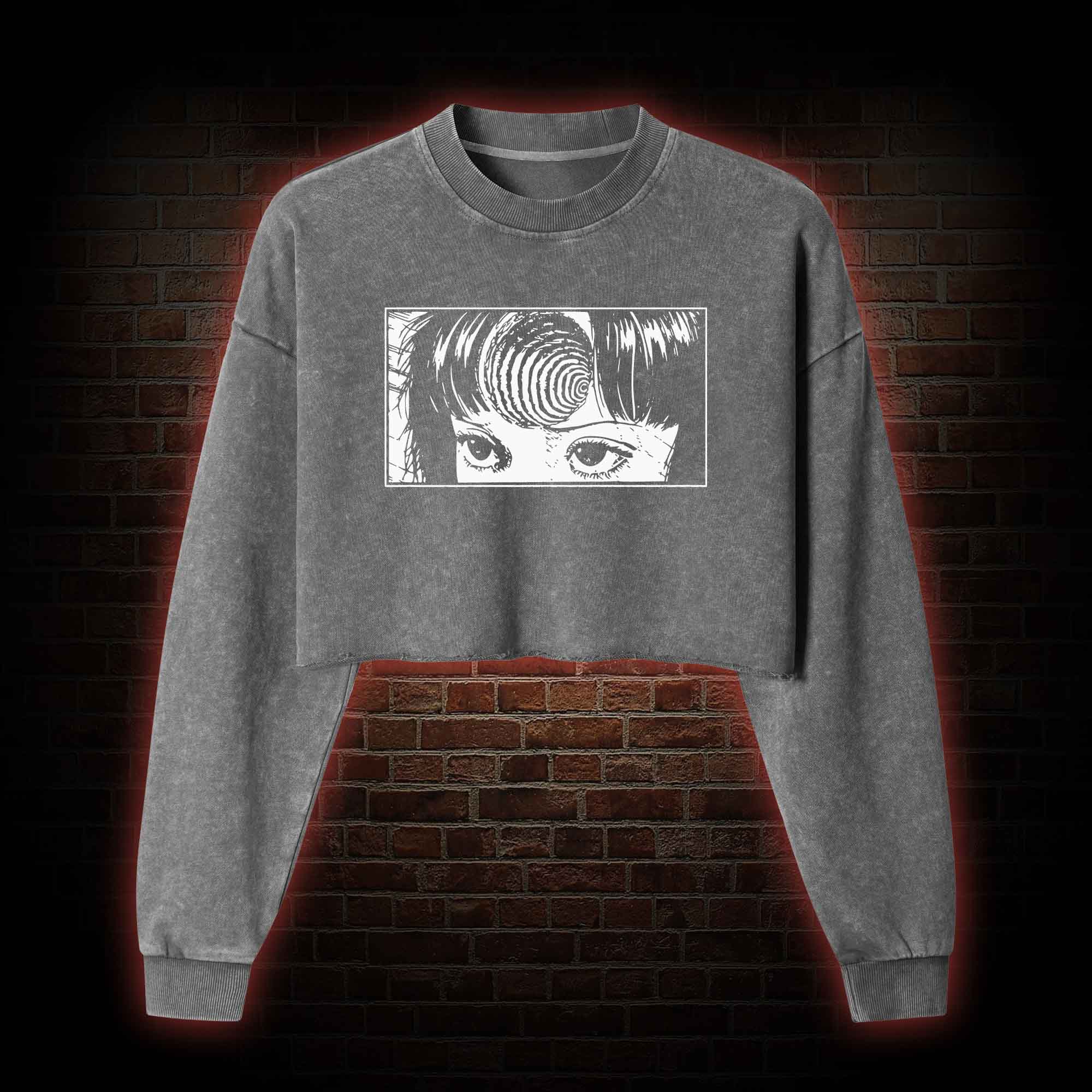 Creepy Girl Eyes, Spiral Horror Washed Cropped Sweatshirts