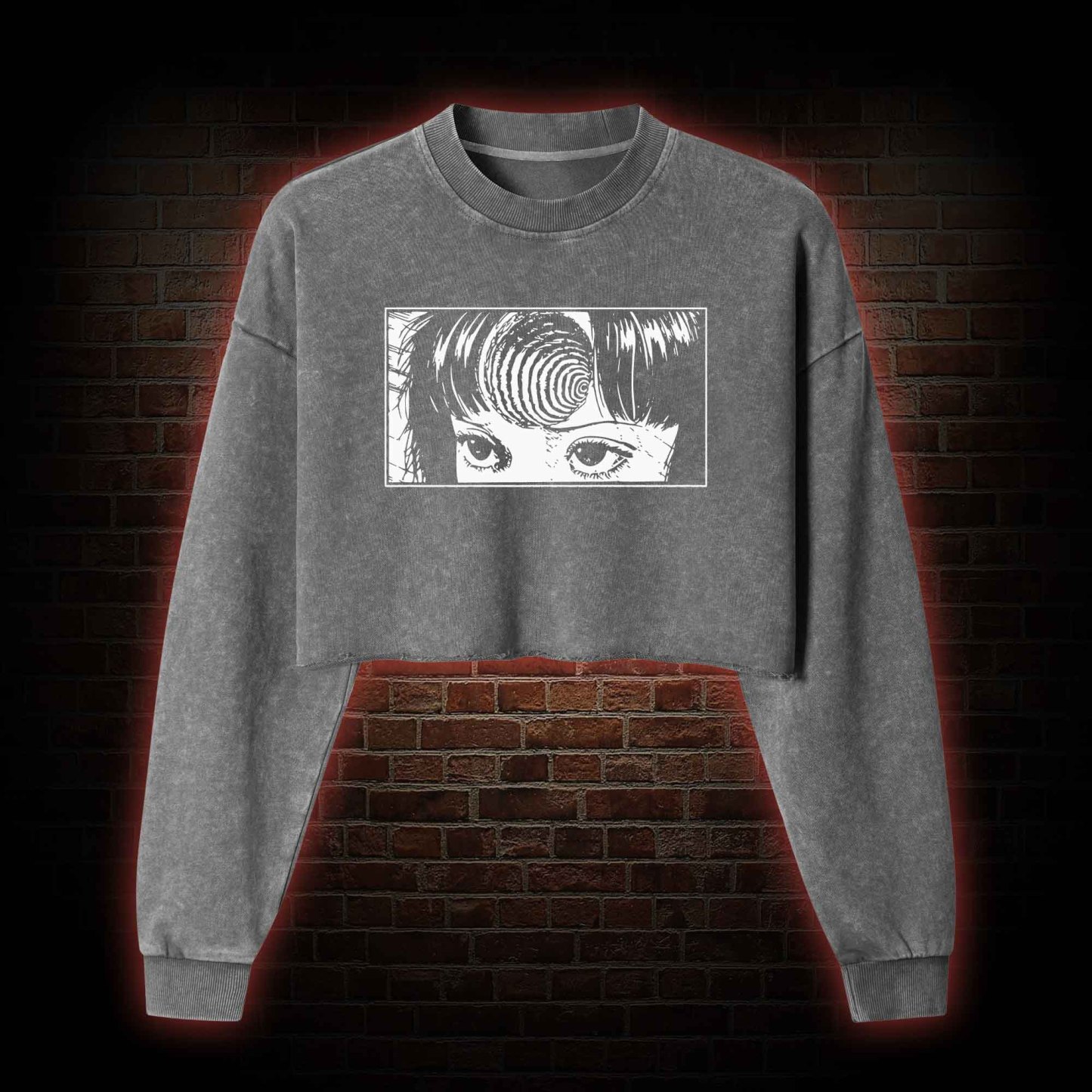 Creepy Girl Eyes, Spiral Horror Washed Cropped Sweatshirts