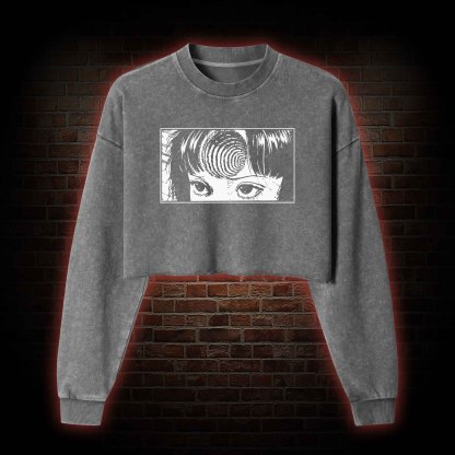 Creepy Girl Eyes, Spiral Horror Washed Cropped Sweatshirts