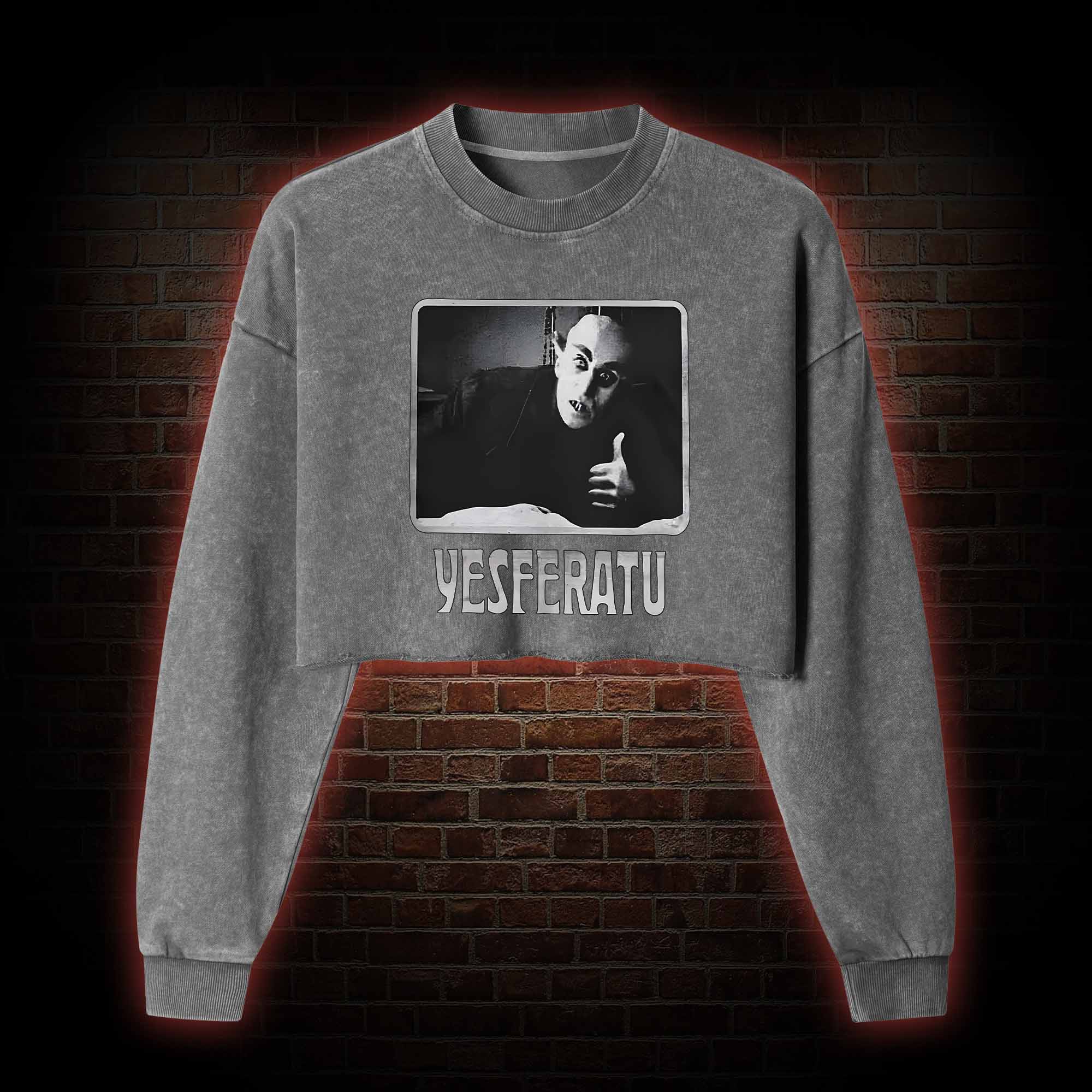 Yesferatu Funny Horror Retro Washed Cropped Sweatshirts