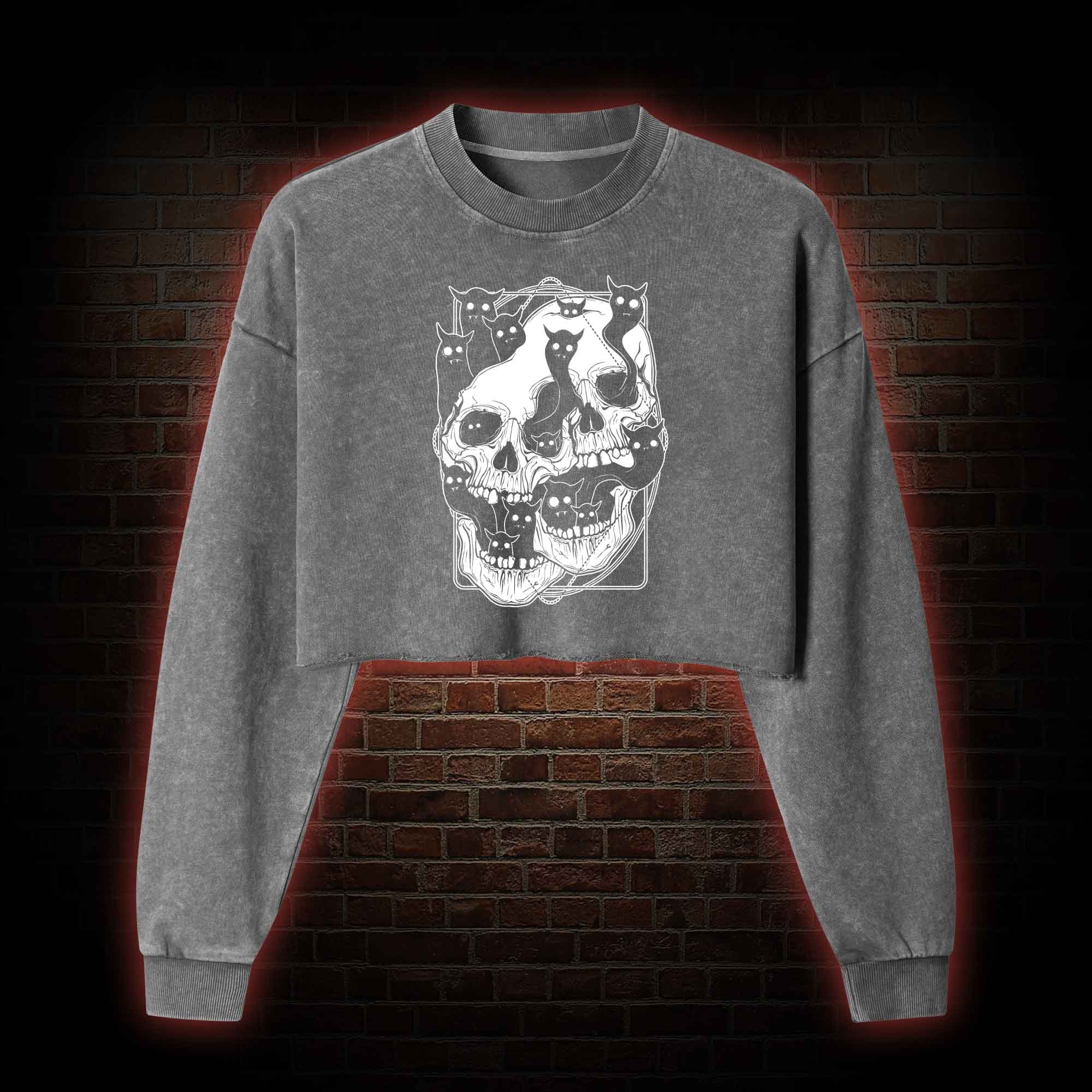 Cat Ghost Double Skull Washed Cropped Sweatshirts