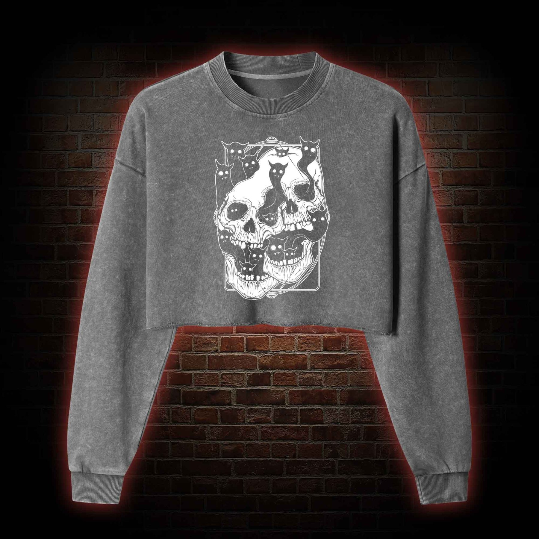 Cat Ghost Double Skull Washed Cropped Sweatshirts