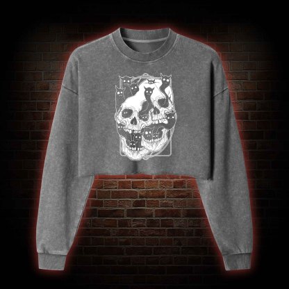 Cat Ghost Double Skull Washed Cropped Sweatshirts