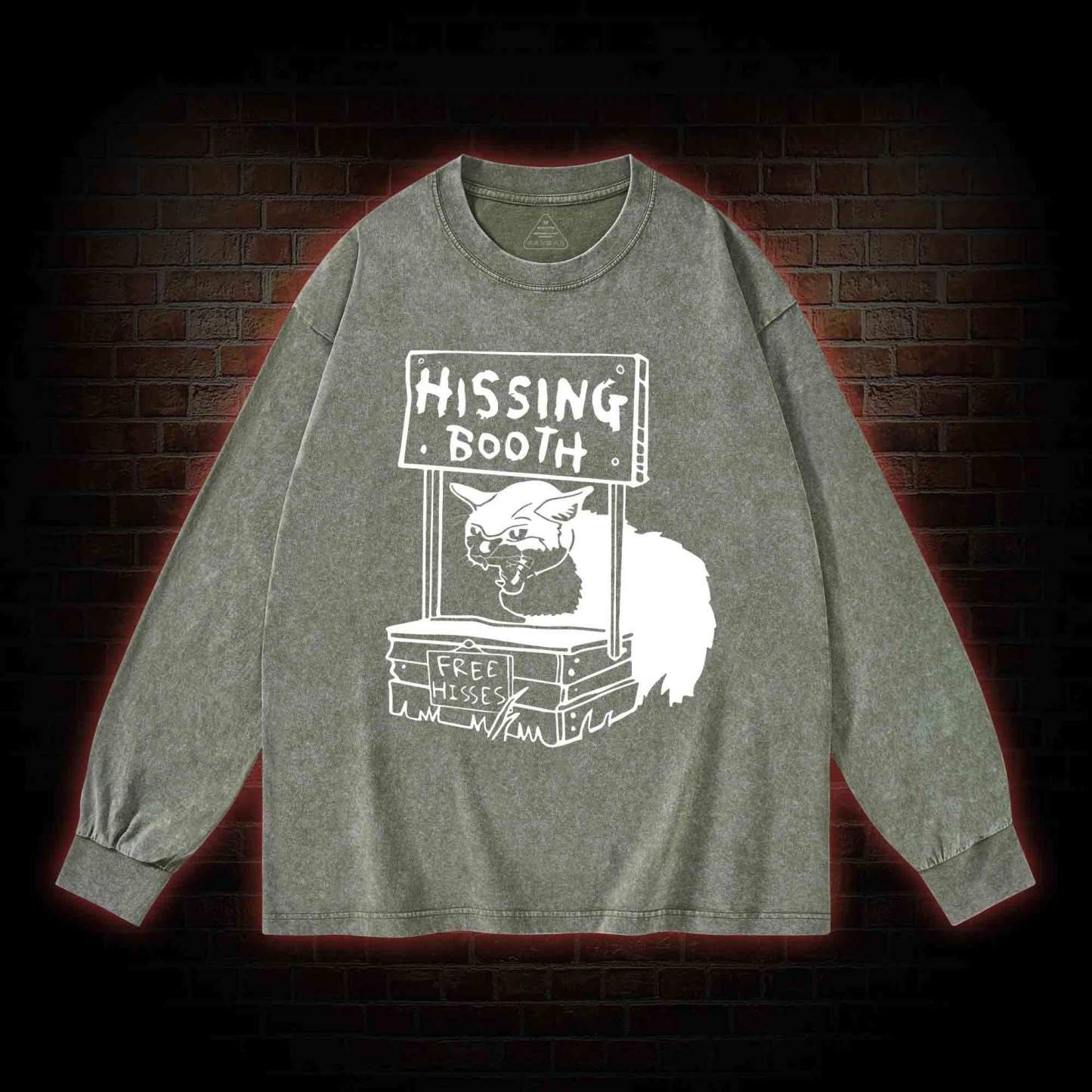 Cat Hissing Booth Washed Long-Sleeve T-shirt