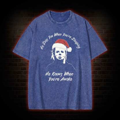 He Sees You When You're Sheeping Washed T-shirt