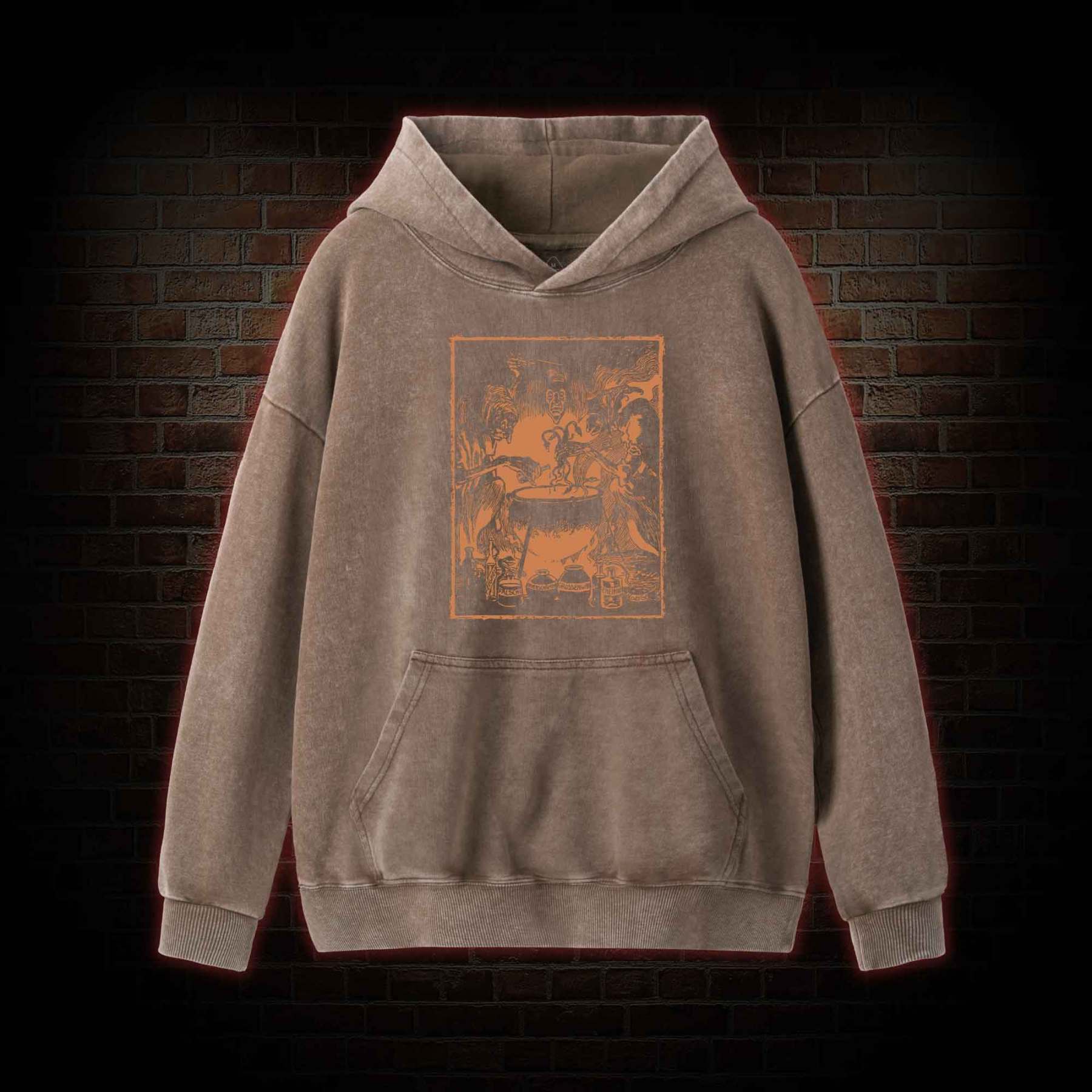 Three Witches Around Cauldron Washed Hoodie