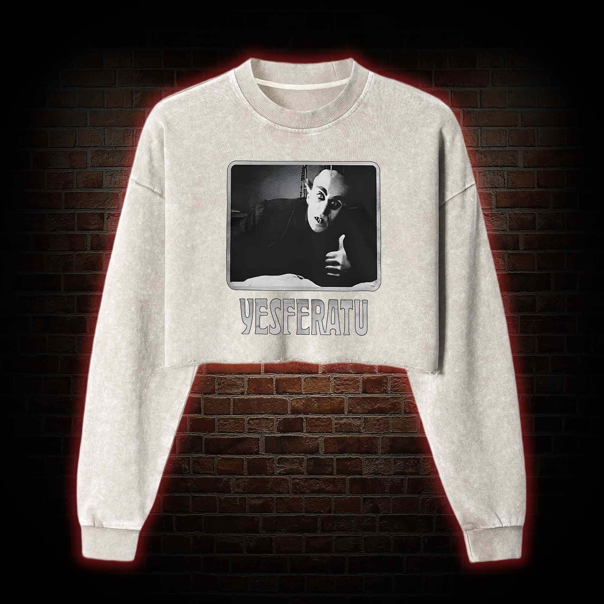 Yesferatu Funny Horror Retro Washed Cropped Sweatshirts