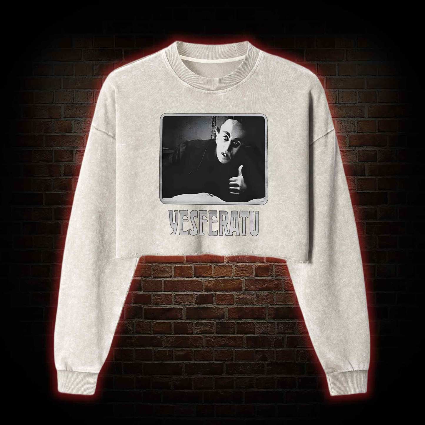 Yesferatu Funny Horror Retro Washed Cropped Sweatshirts