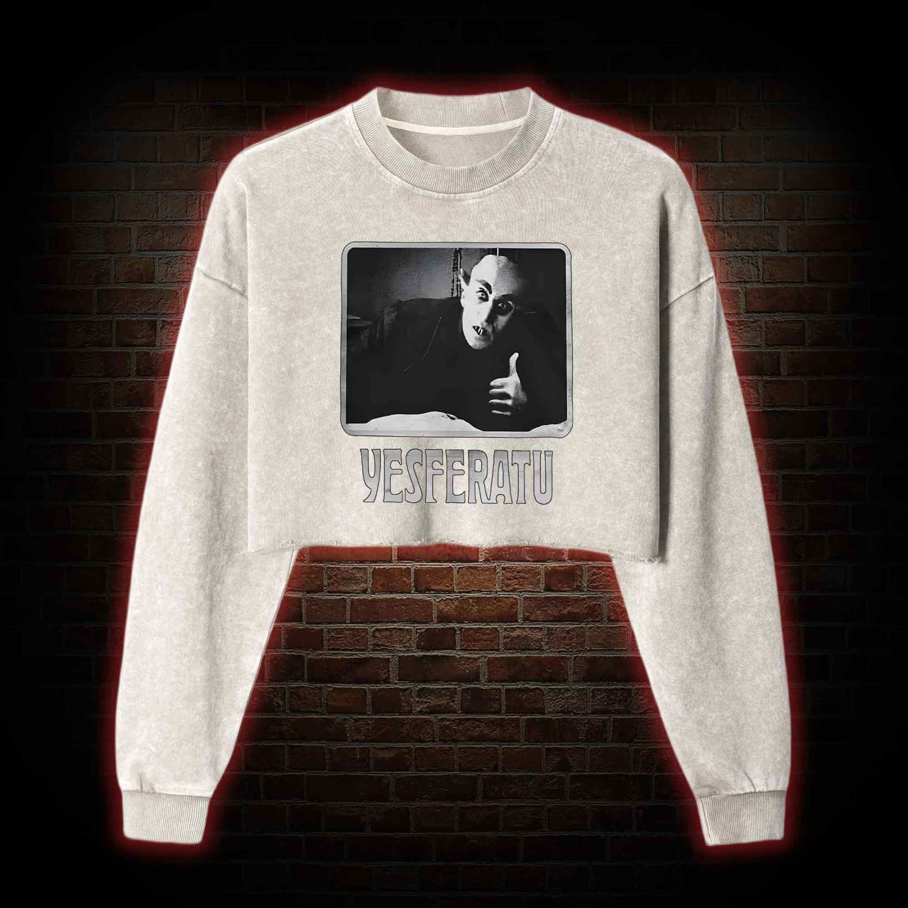 Yesferatu Funny Horror Retro Washed Cropped Sweatshirts