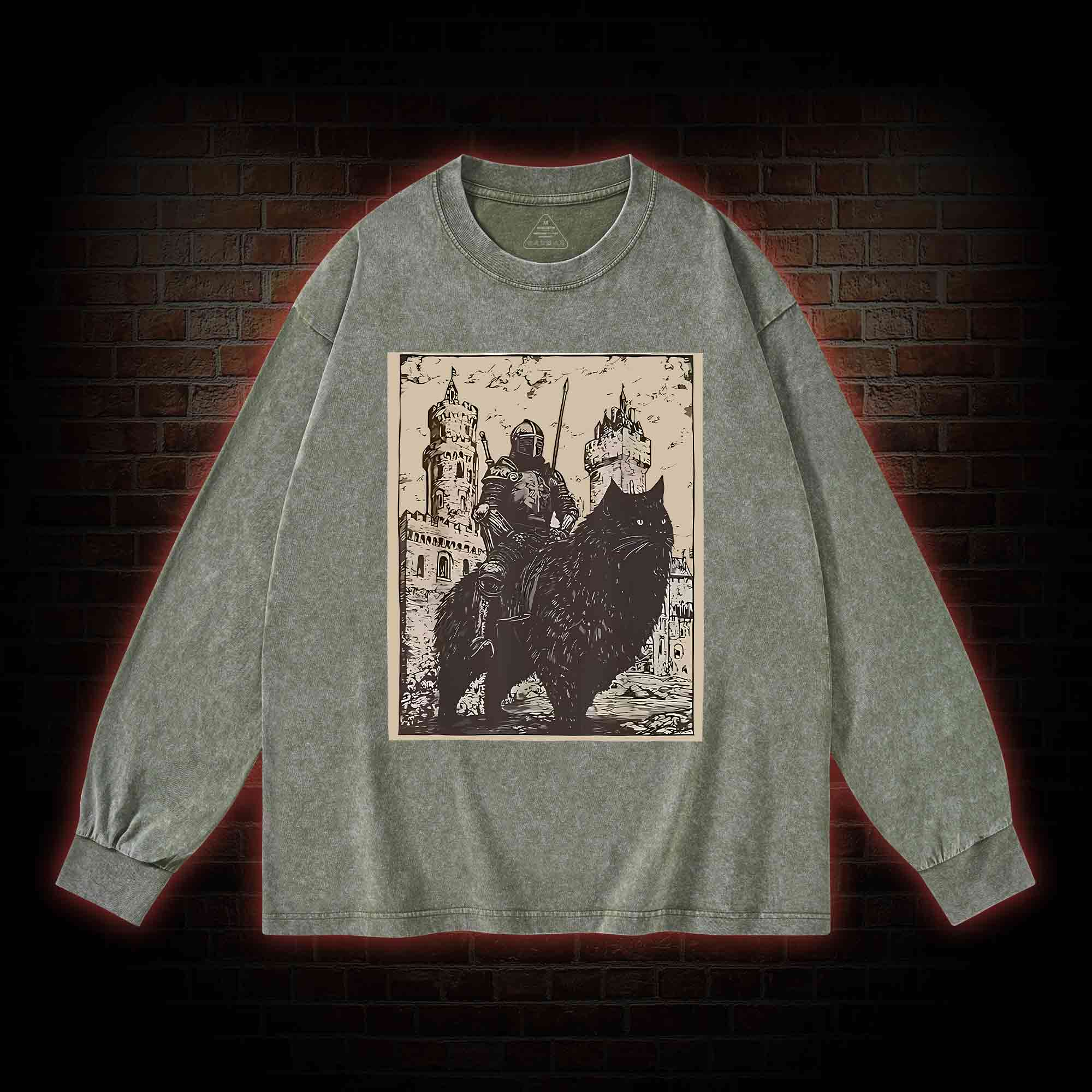 Knight Cat Rider Vintage Washed Long-Sleeve T-shirt