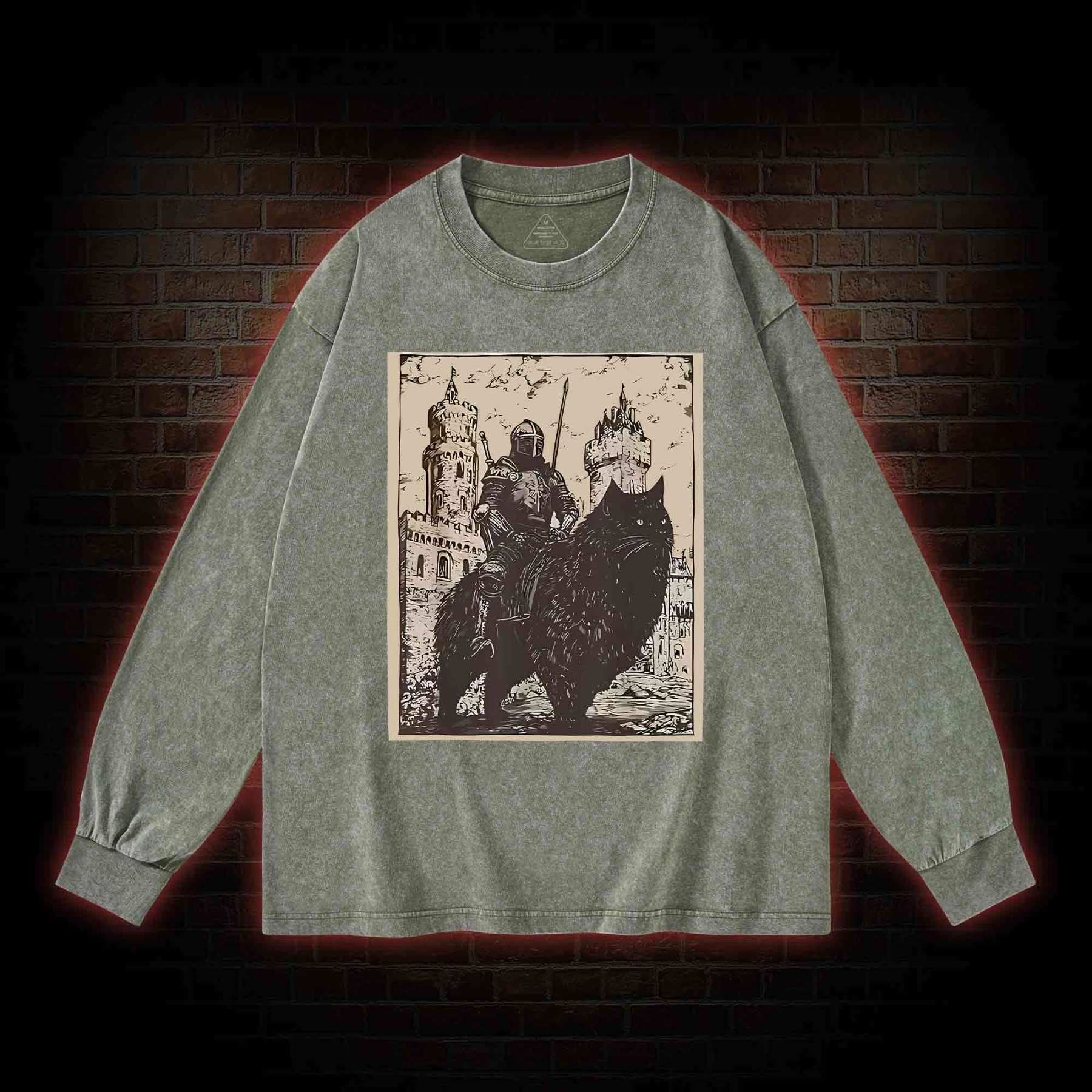 Knight Cat Rider Vintage Washed Long-Sleeve T-shirt