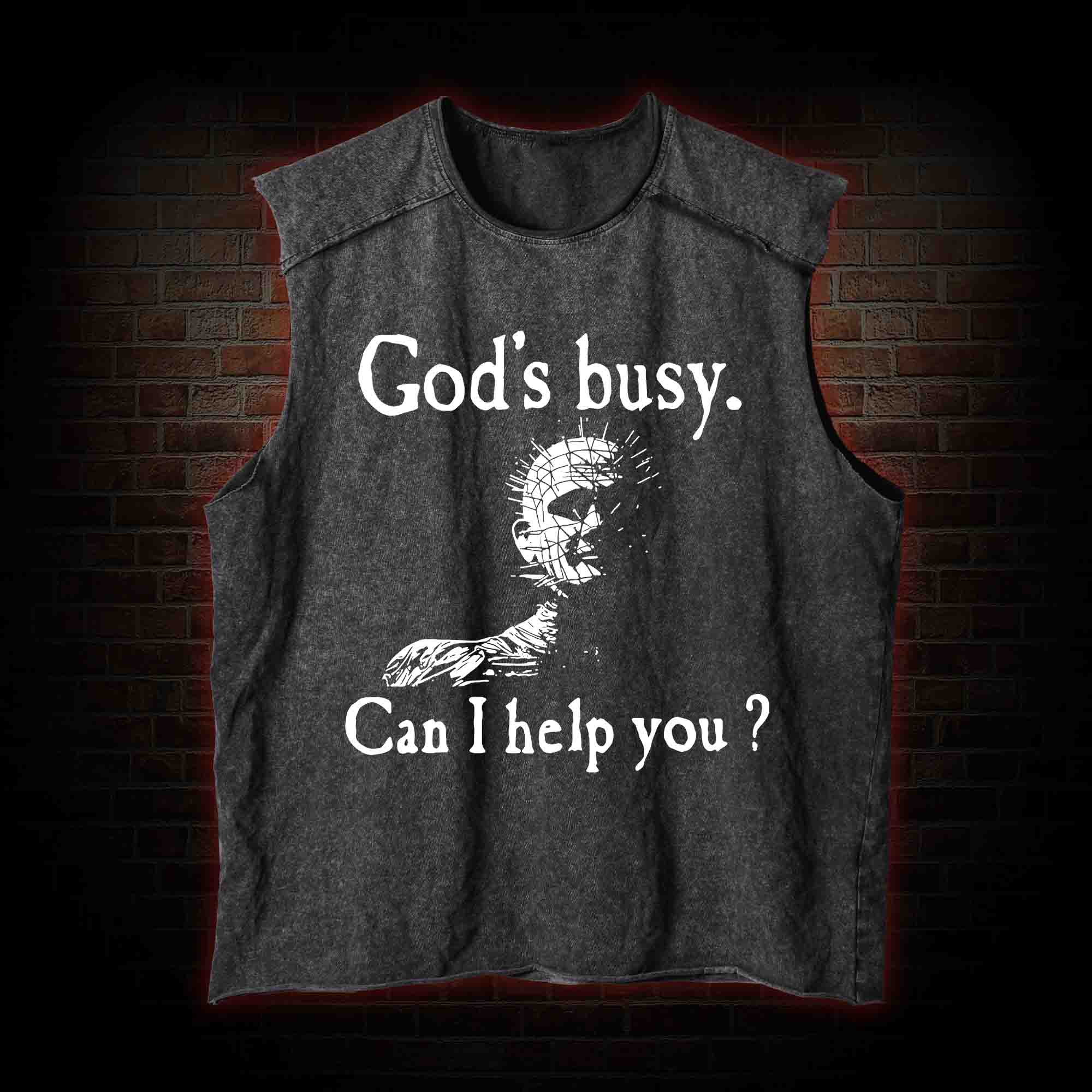 God's Busy Can I Help You? Washed Tank Top