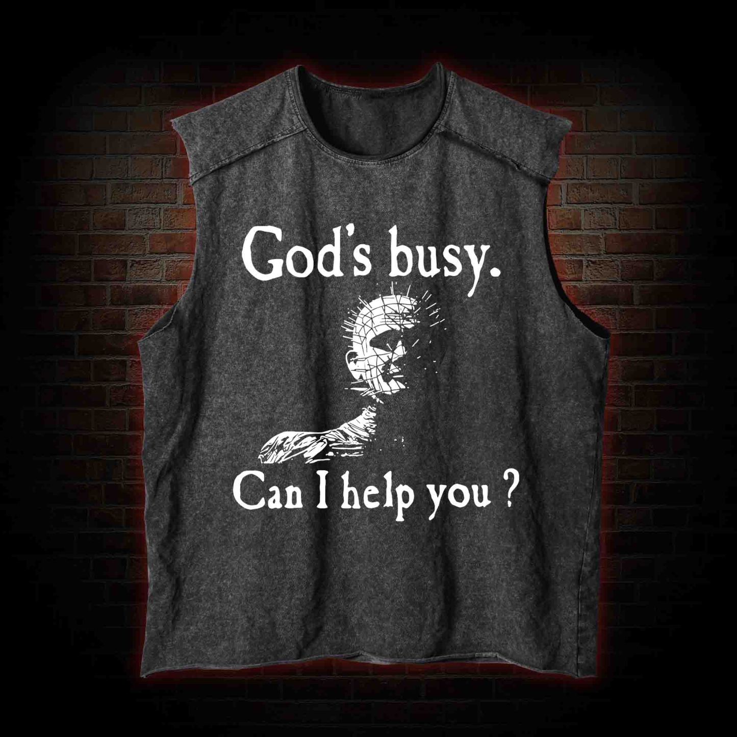 God's Busy Can I Help You? Washed Tank Top