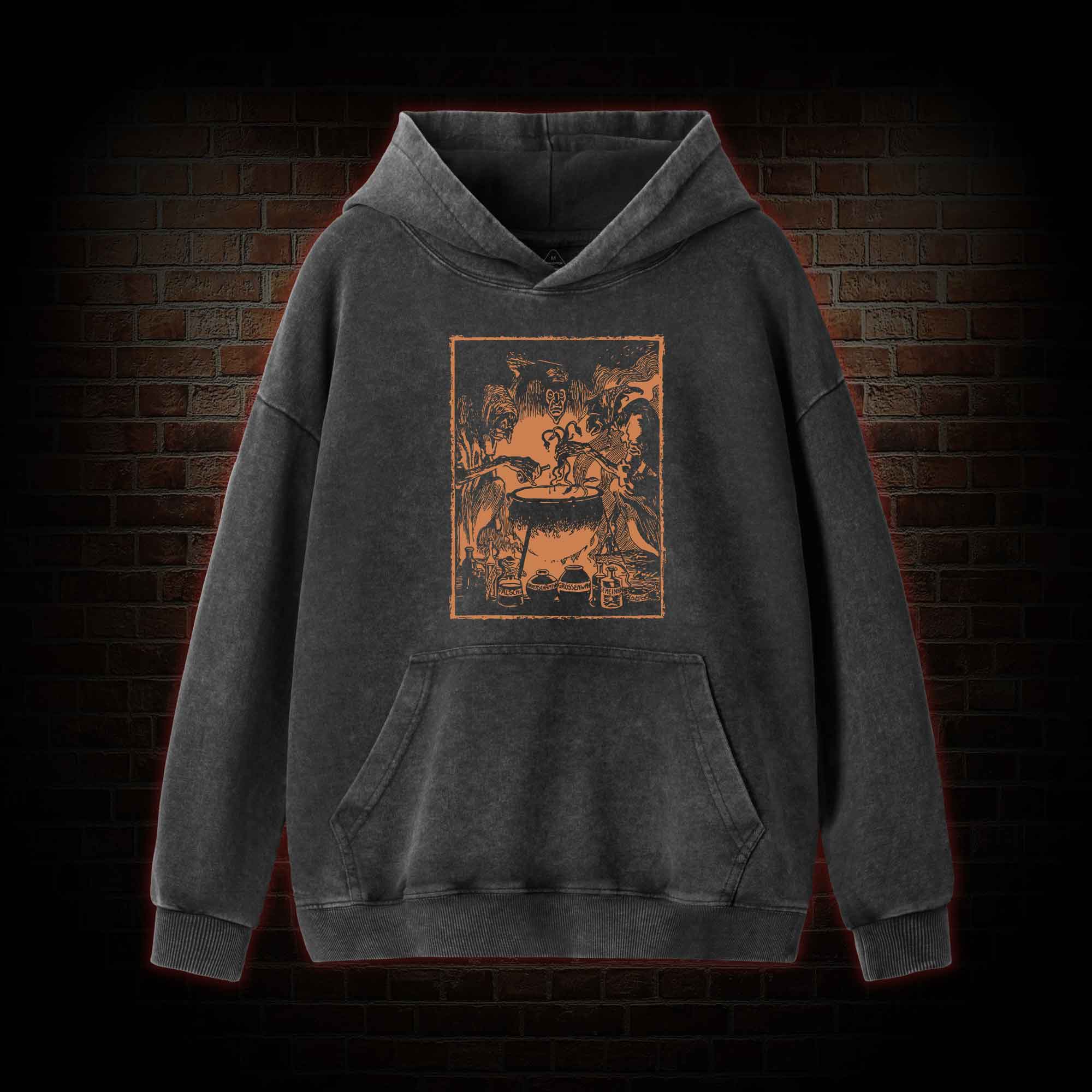 Three Witches Around Cauldron Washed Hoodie