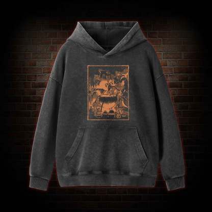 Three Witches Around Cauldron Washed Hoodie