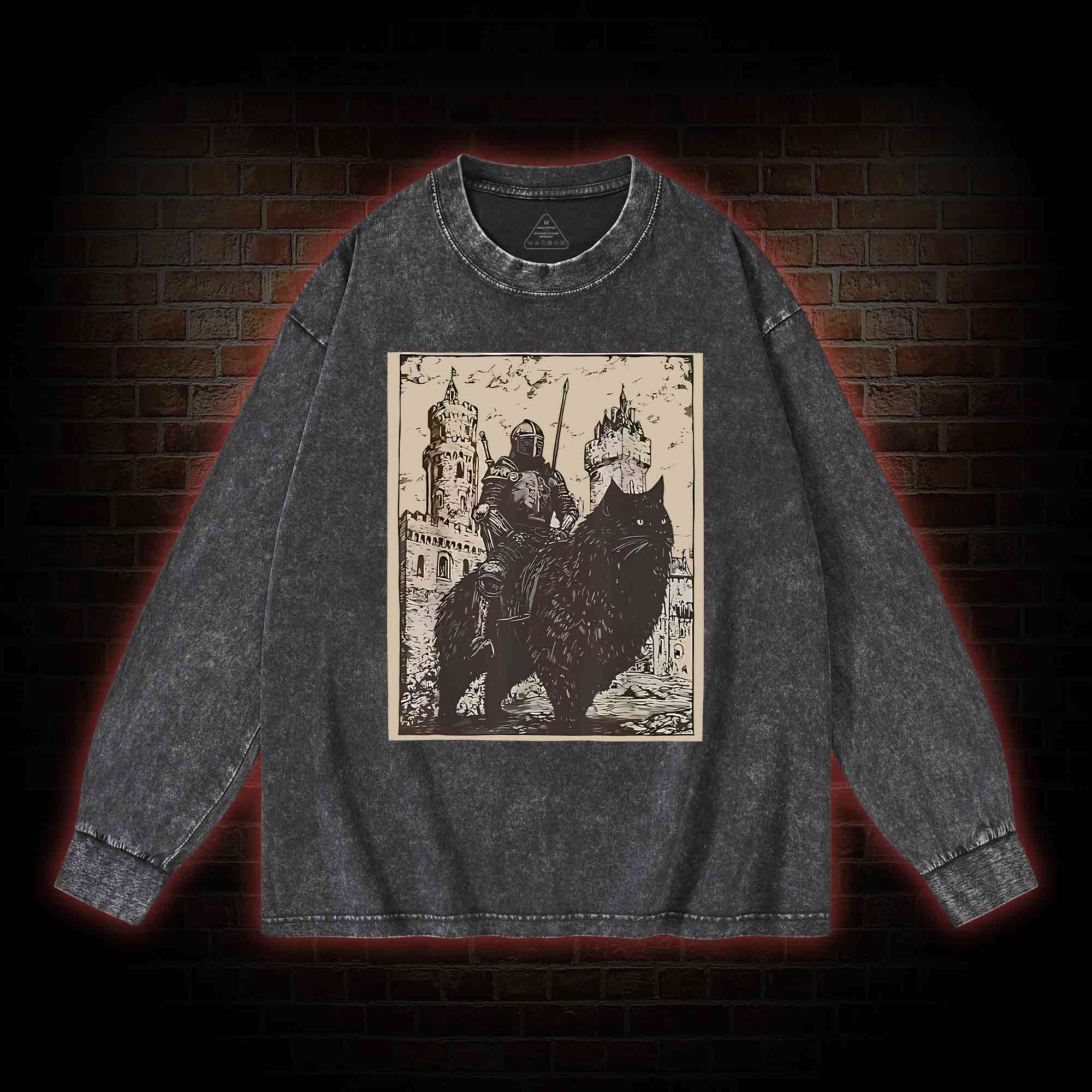 Knight Cat Rider Vintage Washed Long-Sleeve T-shirt