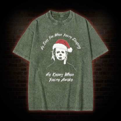 He Sees You When You're Sheeping Washed T-shirt