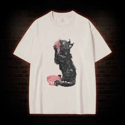 Gothic Cat Eating Noodles Washed T-shirt