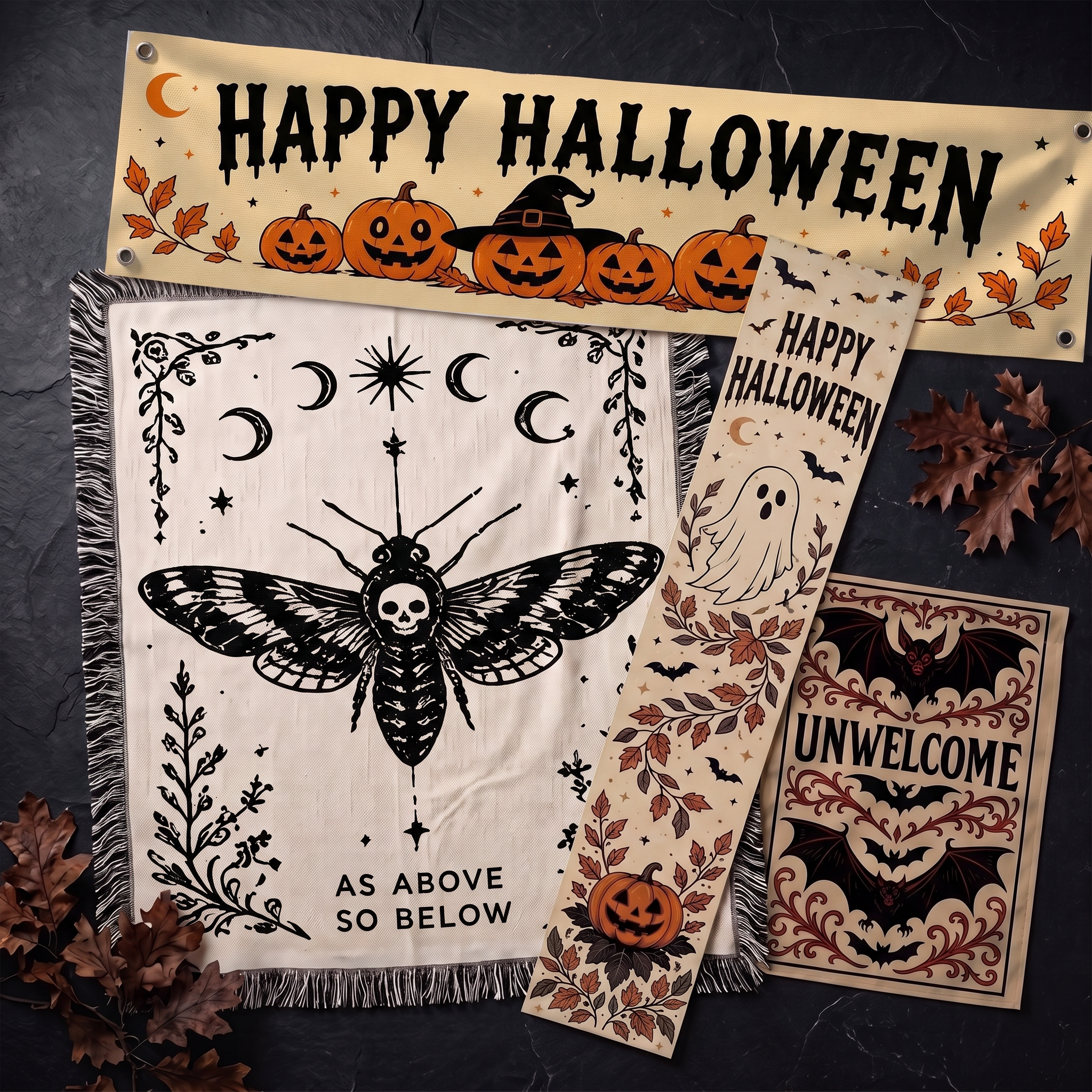 Table Runner&Halloween Banner&Garden Flag&Woven Throw Blanket Set