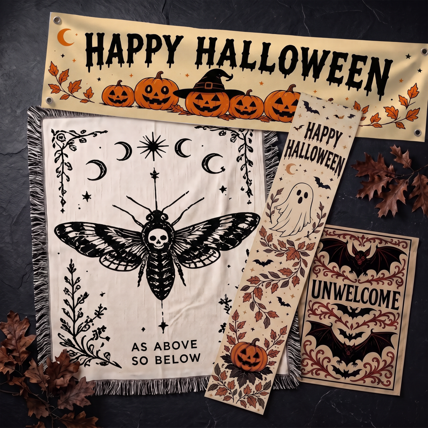 Table Runner&Halloween Banner&Garden Flag&Woven Throw Blanket Set