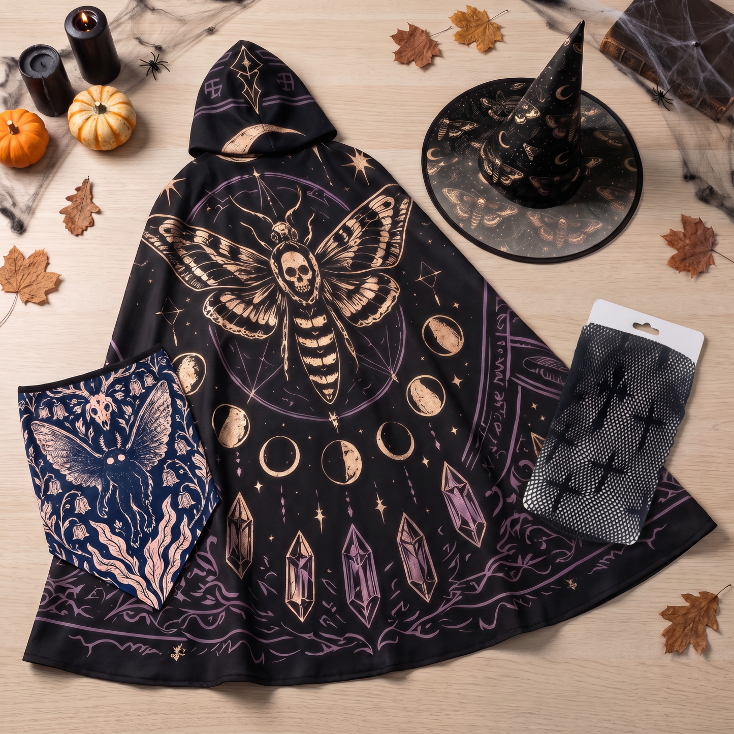 Halloween Witch Hat&Neck Gaiter&Cloak&Women's Net Tights Set