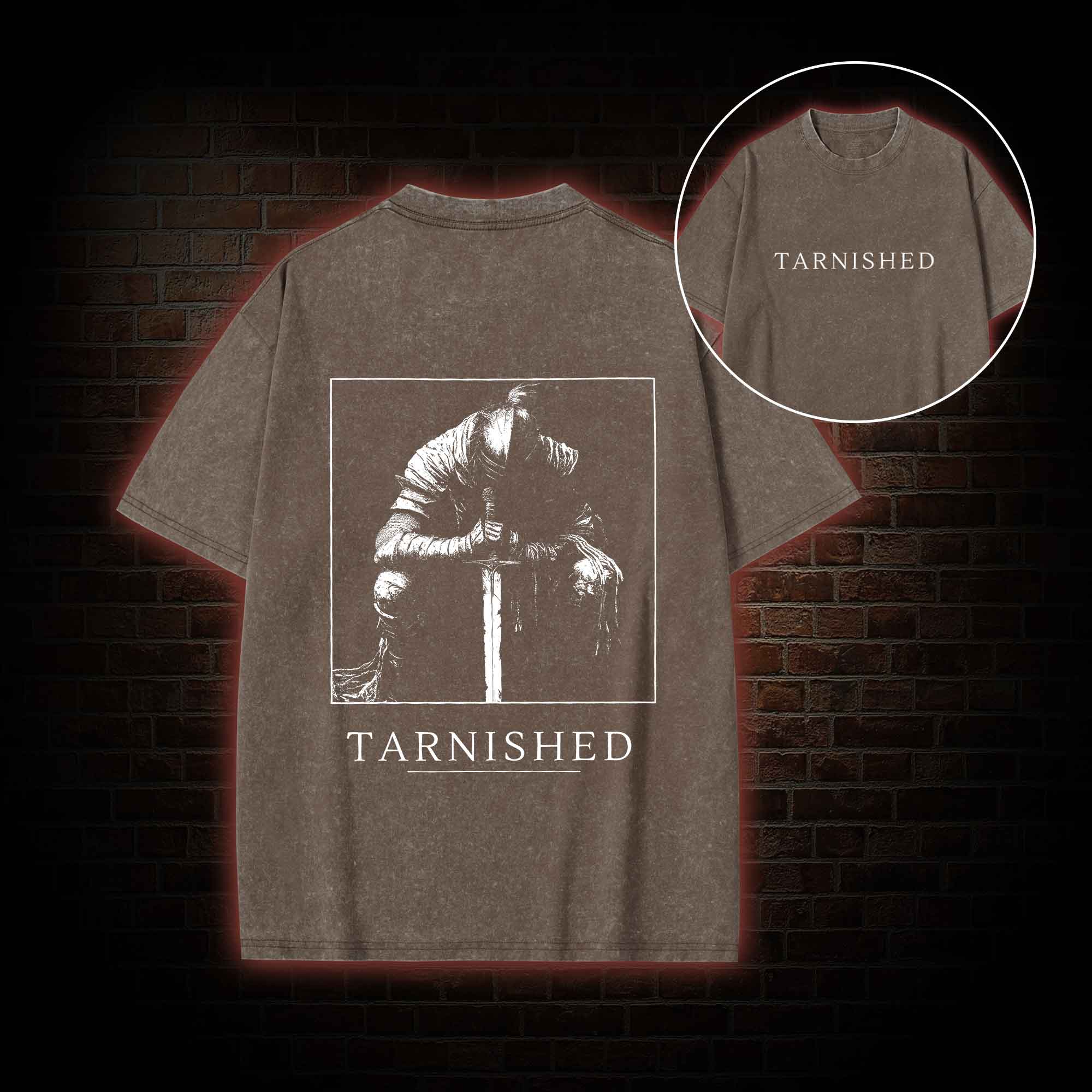 Dark Knight With Sword Back Print Washed T-shirt