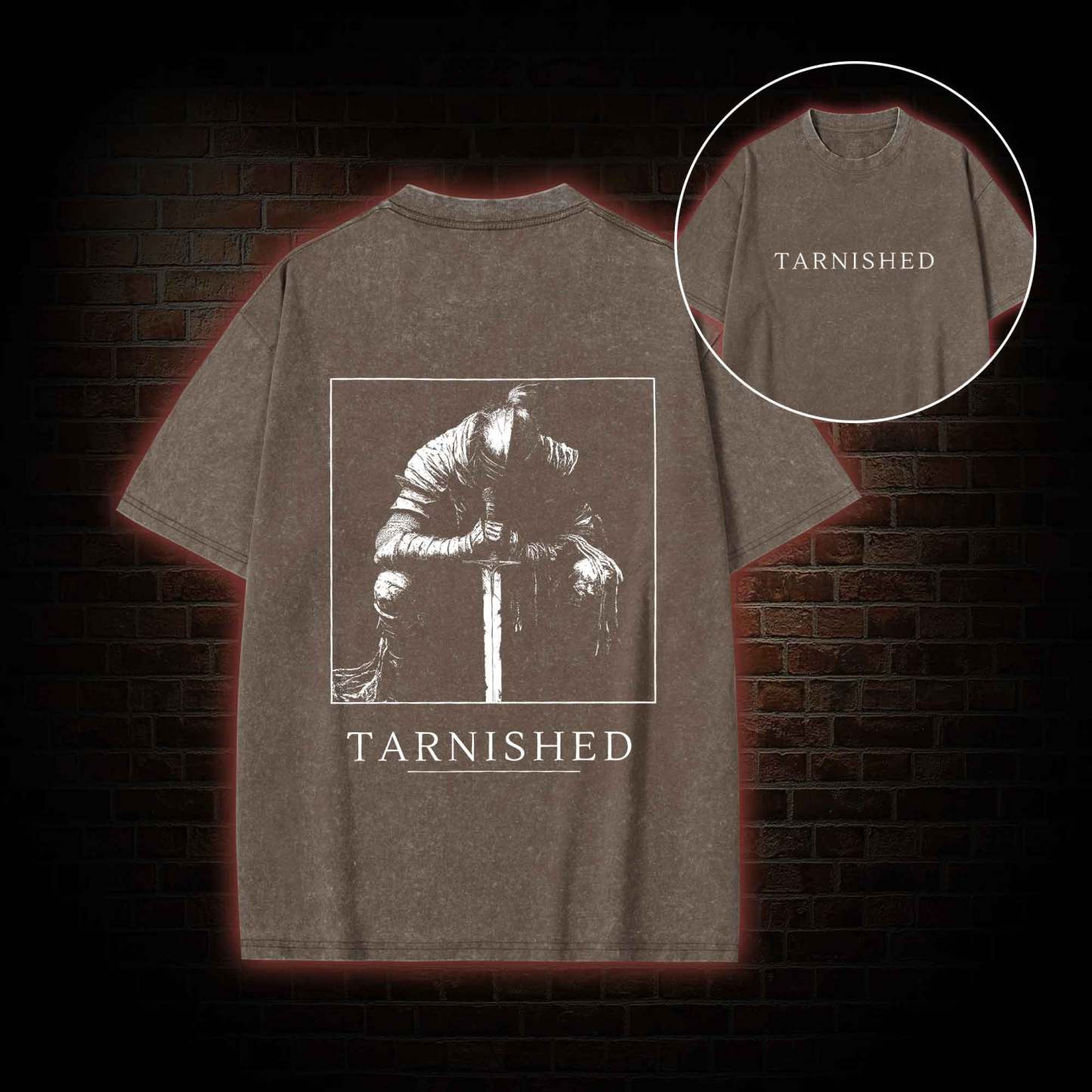 Dark Knight With Sword Back Print Washed T-shirt