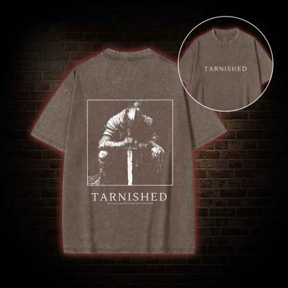 Dark Knight With Sword Back Print Washed T-shirt