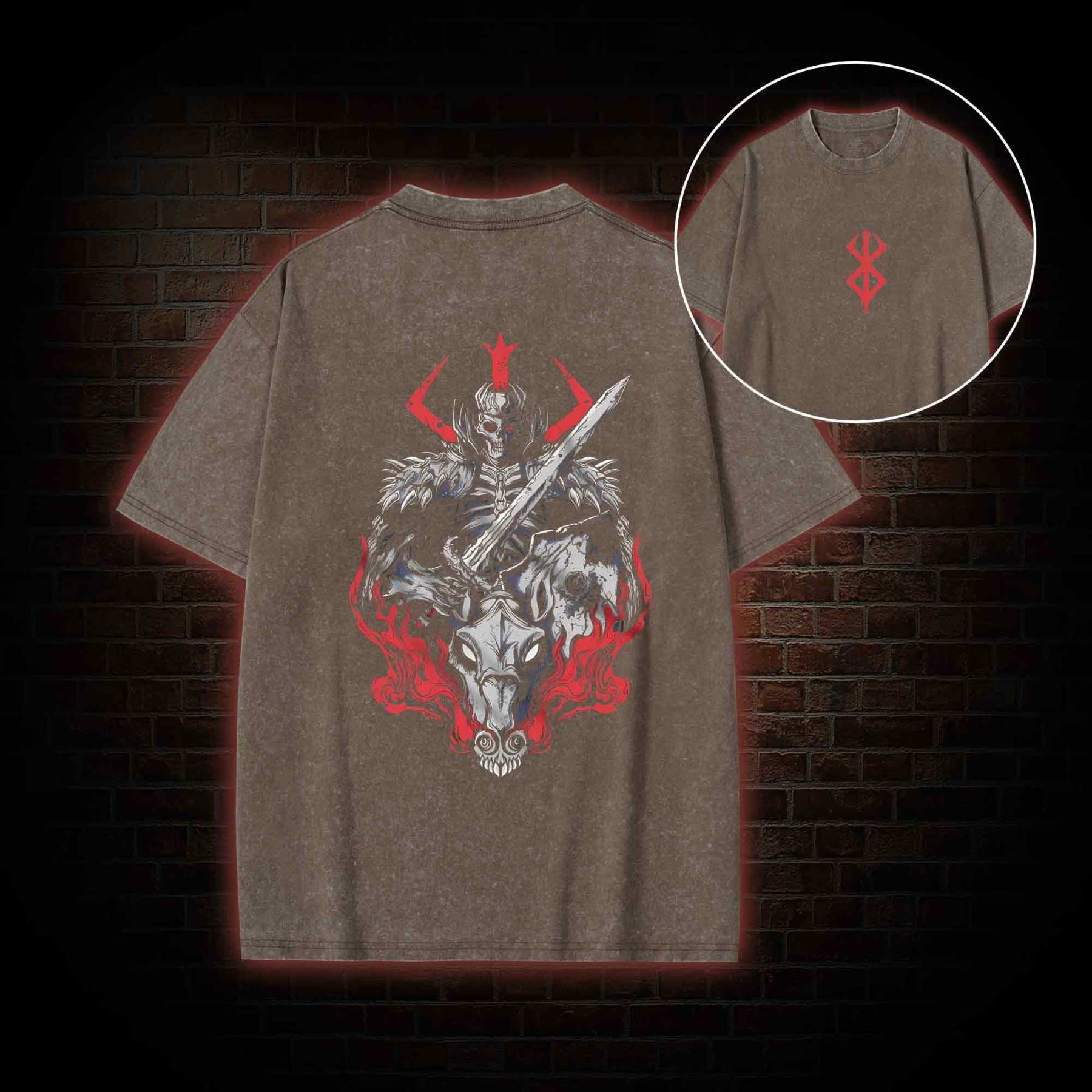 Skull Knight Back Print Washed T-shirt