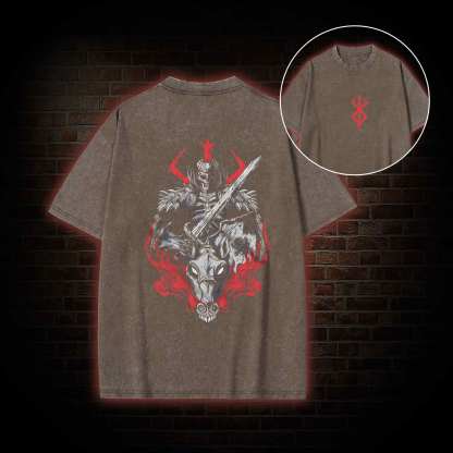 Skull Knight Back Print Washed T-shirt