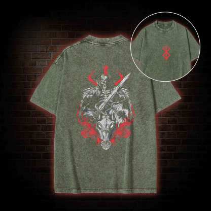 Skull Knight Back Print Washed T-shirt