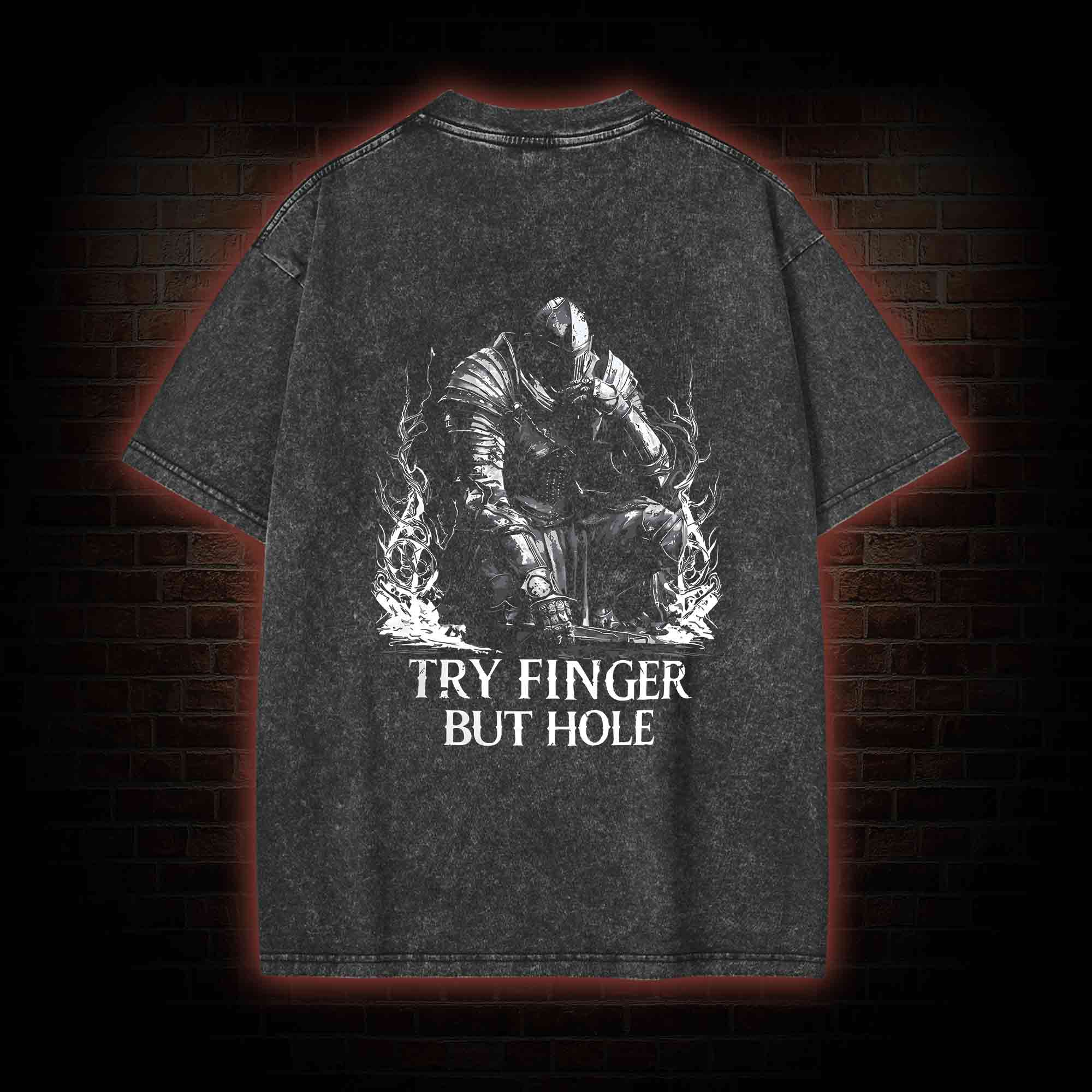 Try Finger but Hole Back Print Washed T-shirt