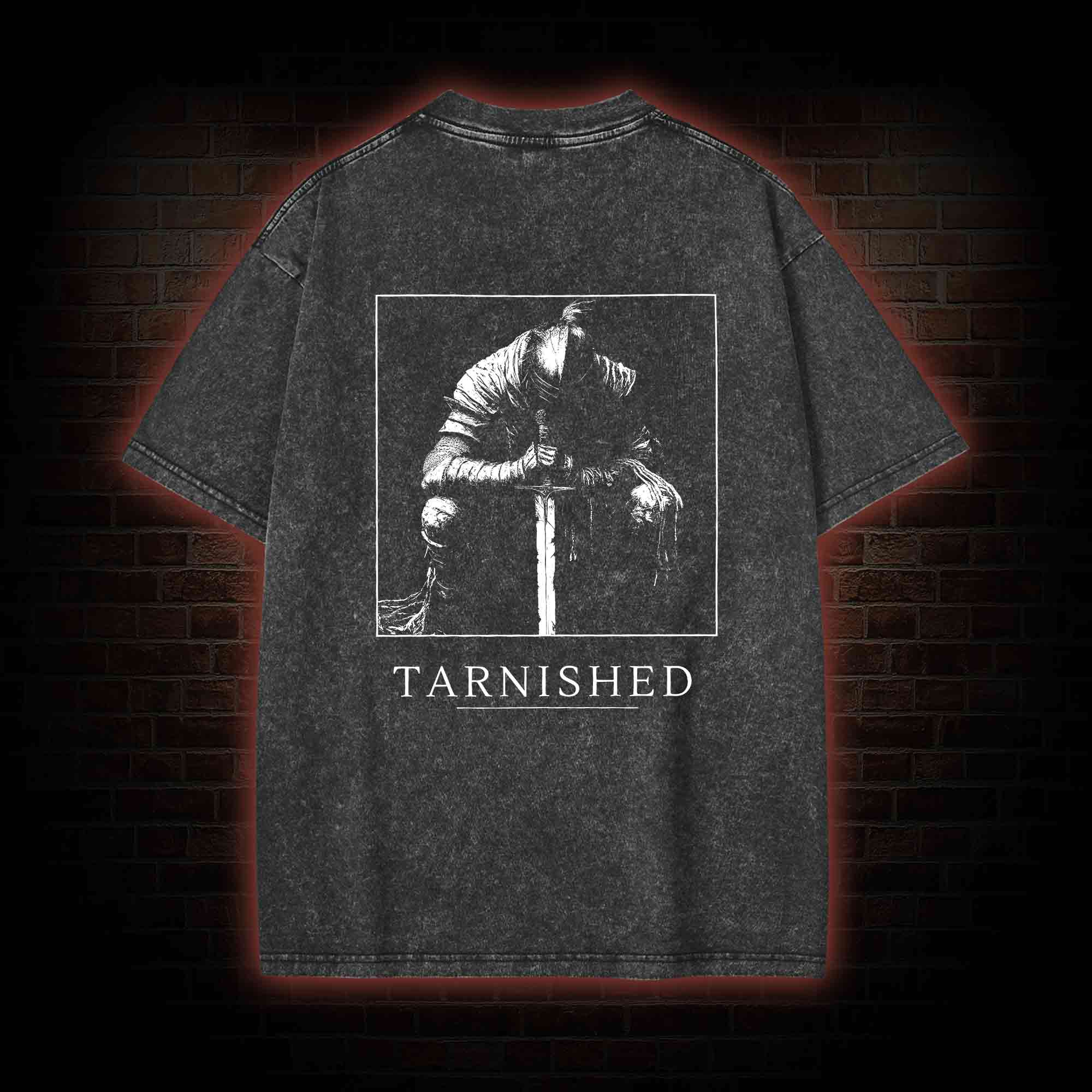 Dark Knight With Sword Back Print Washed T-shirt