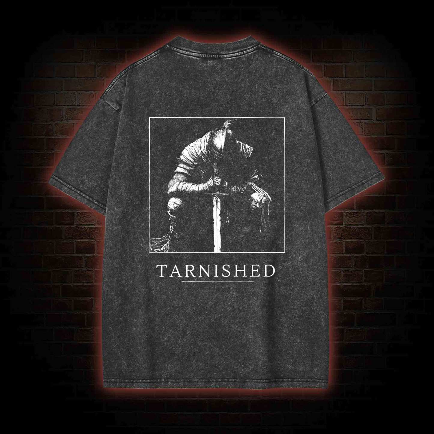 Dark Knight With Sword Back Print Washed T-shirt