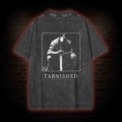 Dark Knight With Sword Back Print Washed T-shirt