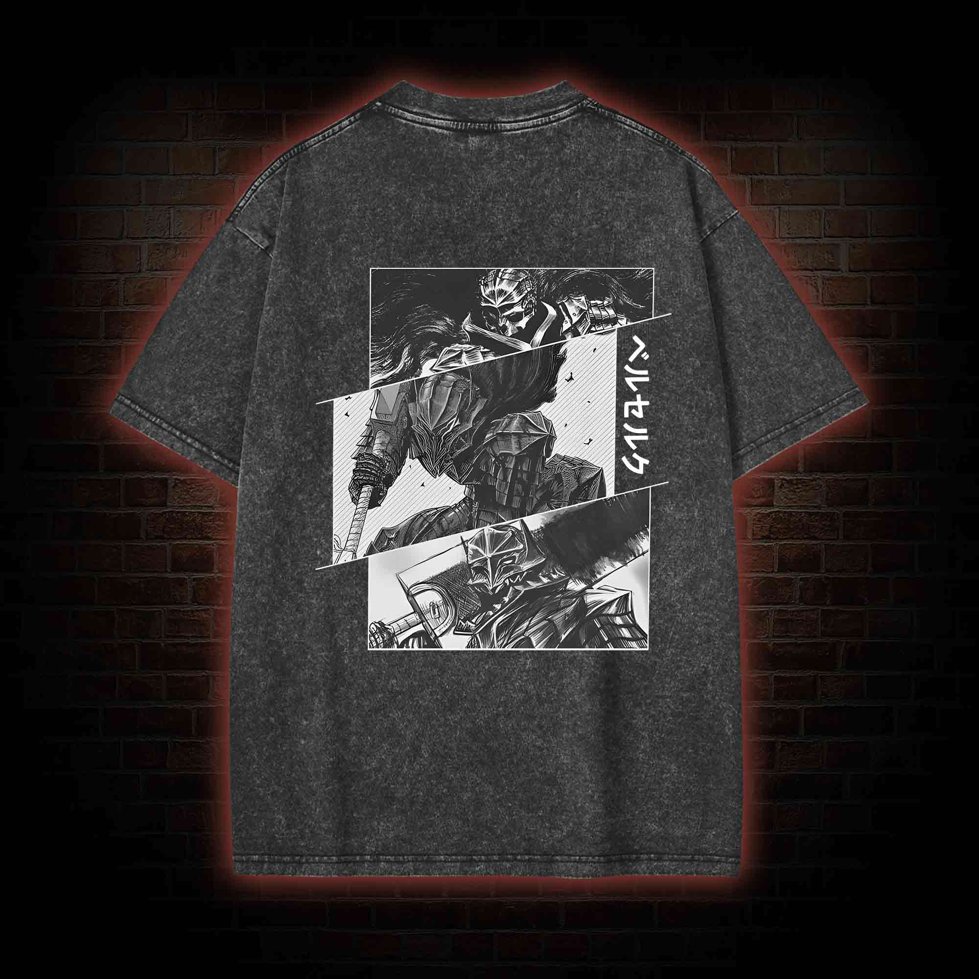 Black Swordsman Back Print Washed T-shirt