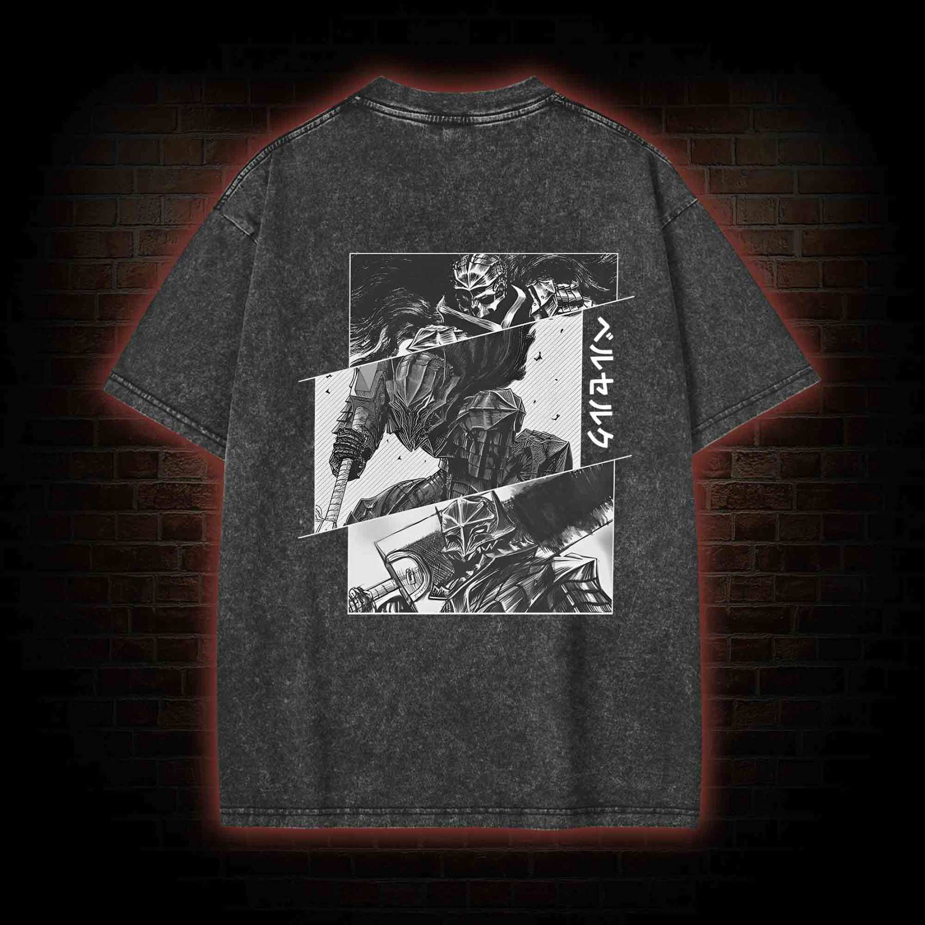 Black Swordsman Back Print Washed T-shirt